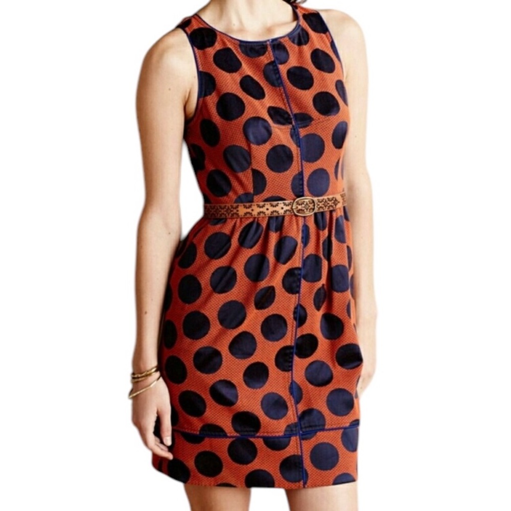 Anthropologie Maeve "Rokin" Orange with Blue Polka Dots Sleeveless Sheath Dress
